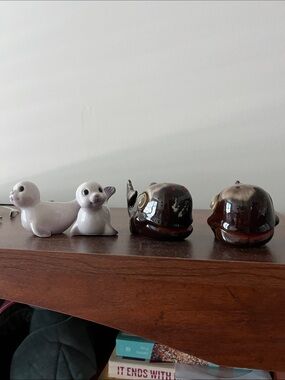 Antique pair of Ceramic Seal Whale Salt & Pepper Shaker Setx2 Brown and White